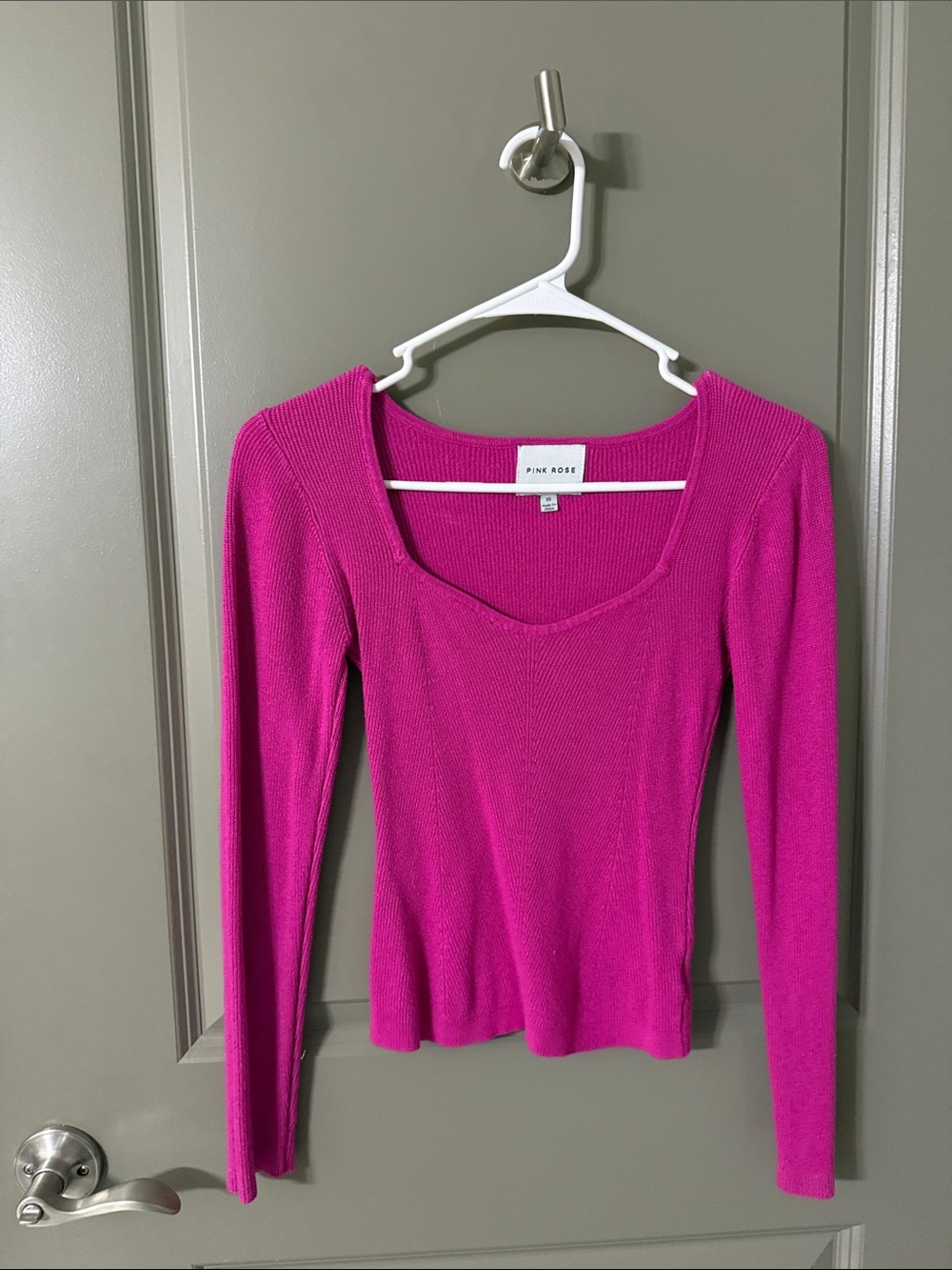 Pink Rose Bright Fuchsia Long Sleeve Scoop Neck Top